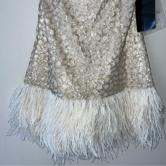 NWT Bebe Gold Cream Sequin Strapless Isis Feather Dress Women’s Medium New Tags - Picture 9 of 11